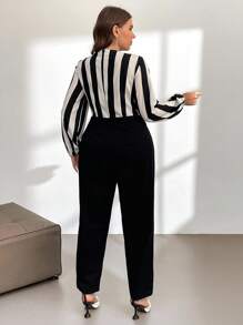 Firerie Plus Block Striped Surplice Neck Lantern Sleeve Jumpsuit