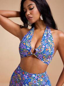 JIAN LASALA Summer Colorful Printed Viscose Ring Front Halter Tie-Up Backless Vacation Sexy Beachwear Top, Backless Summer Halter Floral Print Open Back Summer Top, Backless Halter Top Ankara Tops Resort Wear Rave Festival Vintage Homecoming SXY Fall Festival Cute Tops School Going Out Tops Sexy - Multicolor - View 5