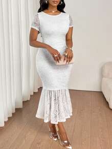 SHEIN Lady 女士优雅度假休闲通勤碎花针织蕾丝短袖修身鱼尾荷叶边修身长裙春夏秋季装生日礼服女婚礼宾客礼服女