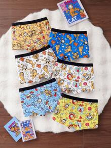 GARFIELD | SHEIN 6 pièces Slips boxeurs confortables avec impression intégrale et taille contrastée pour pré-adolescents