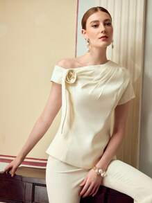 ZEYLAH Blouse élégante et ajustée avec décor floral 3D minimaliste de couleur unie pour femme