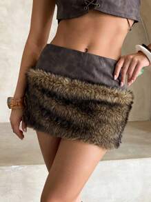 Aloruh Women's New Ultra-Low Waist Mini Skirt, Sexy Retro For Music Festival, Y2K Style, Washed PU Leather & Faux Fur Trim Mini Skirt ,Y2k Clothes