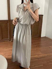 DAZY Set de 2 piezas: Top con cuello de polo y mangas abullonadas y Falda larga para mujer - Beis - Ver 5