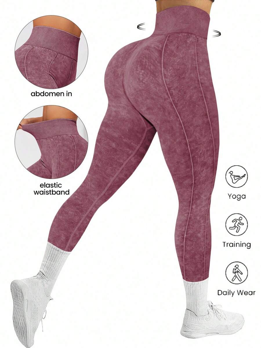 Easithlete Leggings de yoga para mujer de cintura alta elástica y ajustada, de color liso - Burdeos - Ver 1
