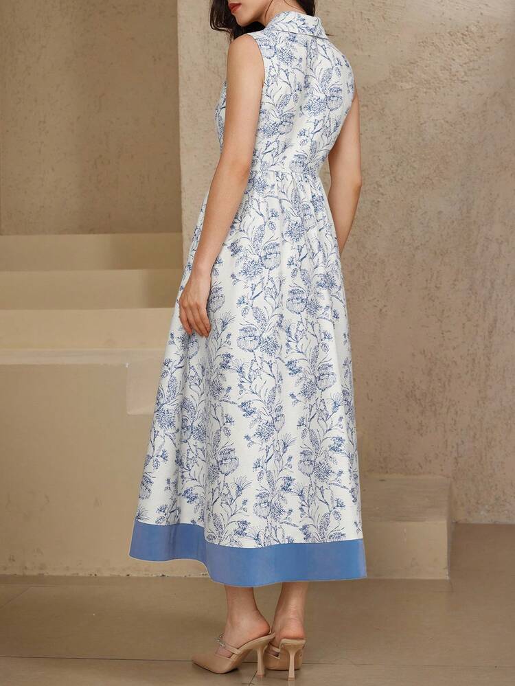 Elegant Floral Full-Length Collared Sleeveless Women Dress