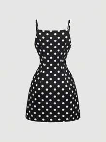 SHEIN MOD Black & White Polka Dot Strap Front Buttons Elegant Dress - Black and White - View 2