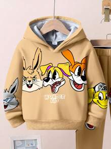 SHEIN Bộ 2 áo nỉ chui đầu phong cách thể thao giản dị rộng rãi cho bé trai, ấm áp dày dặn cho mùa thu/đông - trắng - Xem 5