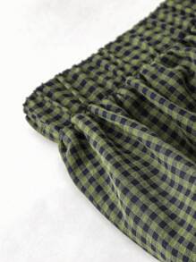 大码女式格子圆领褶皱盖袖衬衫 + 松紧腰阔腿裤两件套休闲套装，春夏 - 軍綠色 - 查看 4