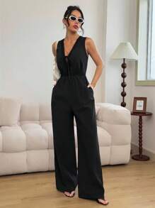 INAWLY Mono informal de verano de algodón con encaje en patchwork - Negro - Ver 5