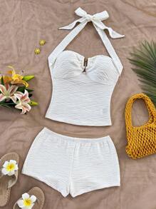 Soleia 女士度假露背吊带上衣和短裤套装，海滩、西部、节日、夏季服装，波西米亚风格 - 白色 - 查看 7