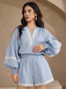 DAZY 2pcs/Set Women Embroidered V-Neck Lantern Sleeve Blouse And Elastic Waist Shorts Lounge Sets For Women - Blue - View 9