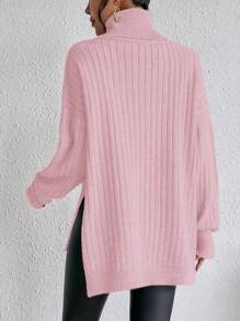 SHEIN Clasi Solid Color Ribbed Turtleneck Slit Long Sleeve Sweater Knit Pullover Fall Winter - Pink - View 3