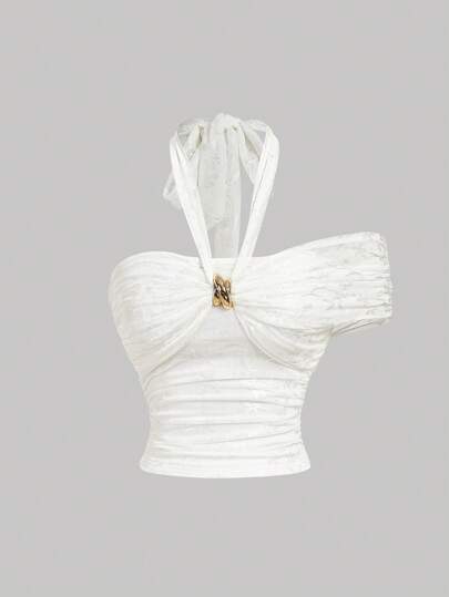 SHEIN MOD 白色金属装饰蕾丝领口优雅衬衫