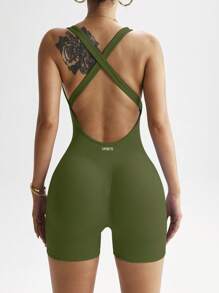 SHEIN Dewbera 女士字母吊带露背连衣裤 - 軍綠色 - 查看 4