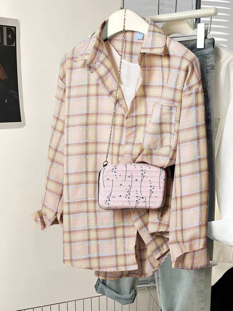 Franclia Women's Casual Everyday Plaid Front Button Long Sleeve Shirt - Pink - View 1