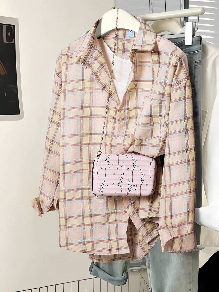Franclia Women's Casual Everyday Plaid Front Button Long Sleeve Shirt - Pink - View 1