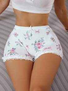 SHEIN 1pc Women's Cute Flower & Bow Decor Panties Floral Panties Ruffle Panties Frilly Panties Floral Lingerie Set Booty Shorts Lingerie - Multicolor - View 5