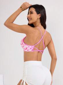 Sovereign Charm Women's Seamless Full Print Elastic Criss-Cross Back Sports Bra - Pink - View 2