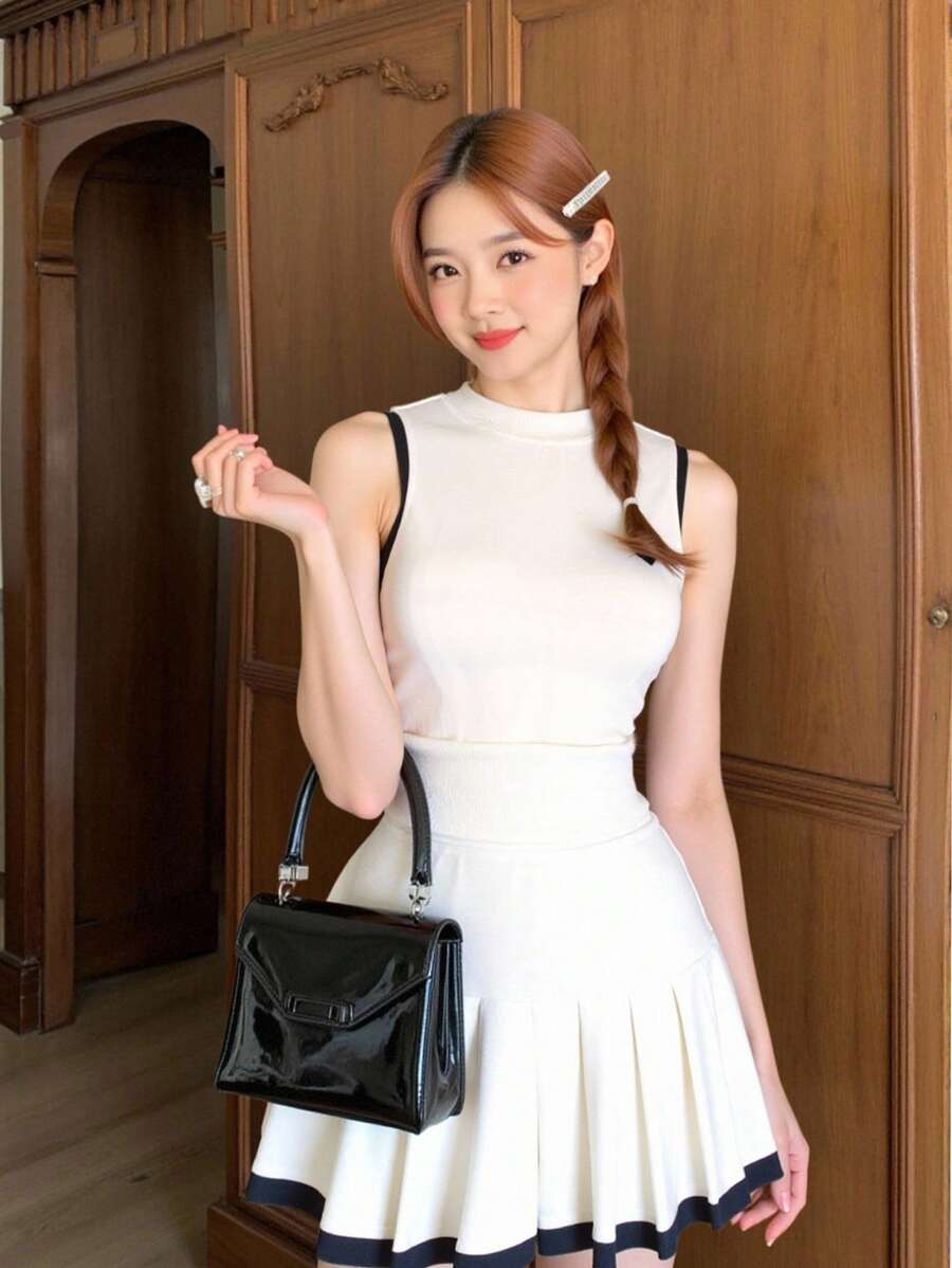 Modelyn 2pcs/Set Women Heart Embroidery Fitted Camisole And Pleated Mini Skirt Set