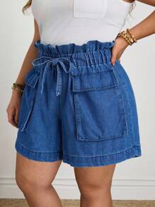 EMERY ROSE Pantalones cortos de mezclilla de talla grande para mujer con cintura fruncida, cordón y bolsillos grandes, para el verano - Azul lavado medio - Ver 5