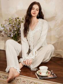 Côtesoire Southern France Elegant Lace Patchwork Textured Knit Pajama Set For Women Ruffle Pajama Set Cozy And Elegant Details, Fall Winter Clothes - Beige - View 3