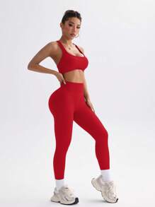 Gameset SHEIN Sport 2 件女式纯色后系带吊带背心和紧身裤运动套装，休闲运动装健身套装，适合中国新年瑜伽服瑜伽服瑜伽服健身女士套装 - 紅色 - 查看 7