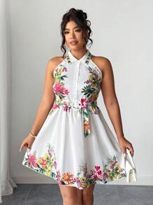Elenzga Vestido casual de verão para férias, mulheres plus size, estampa floral, sem mangas, gola halter, com fivela e cinto - Branco - Visão 1