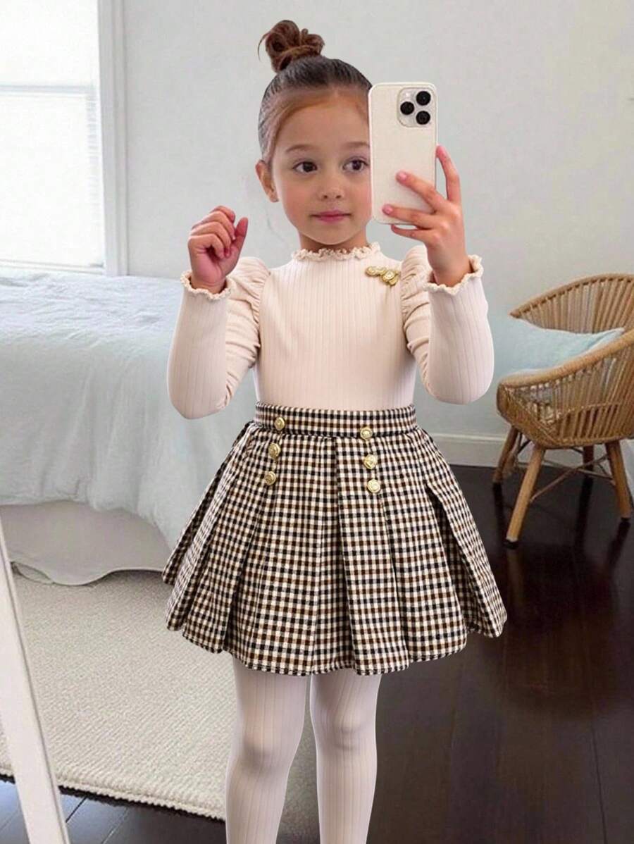 SHEIN Young Girl 3Pcs Sets Casual & Comfortable Knitted Gigot Sleeve Golden Buttons Tee & Gingham Print Skirts & Beret/Hats Outfit,Great For Casual & Daily Wear & School Daily In Summer & Autumn