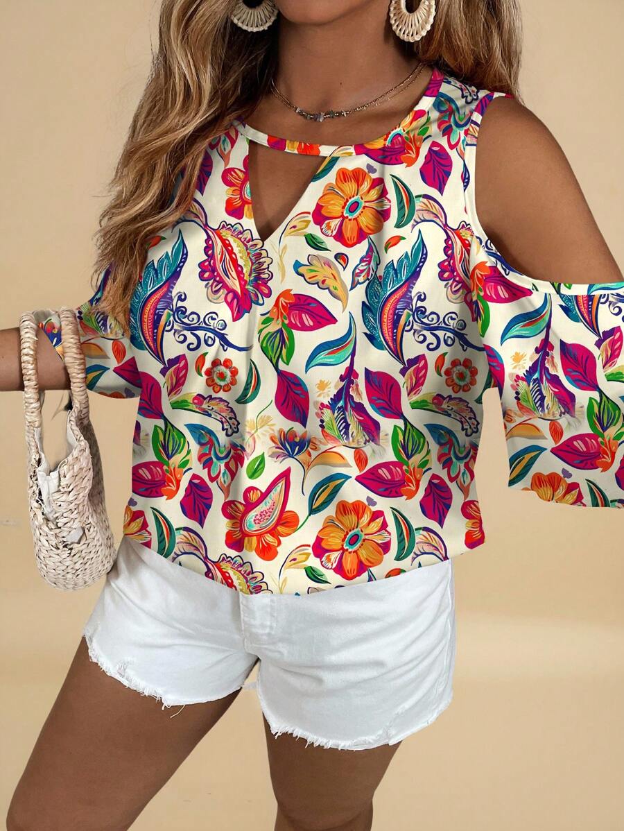 SHEIN VCAY Casual Simple & All-Over Print Plus Size Shirt - Multicolor - View 1