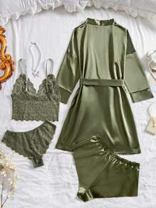 SHEIN 5 件女士睡衣套装，纯色花卉蕾丝优雅睡衣套装：V 领透视吊带上衣、三角内裤、缎面短裤、长袖睡袍（配腰带），女士家居服 - 橄欖綠 - 查看 2
