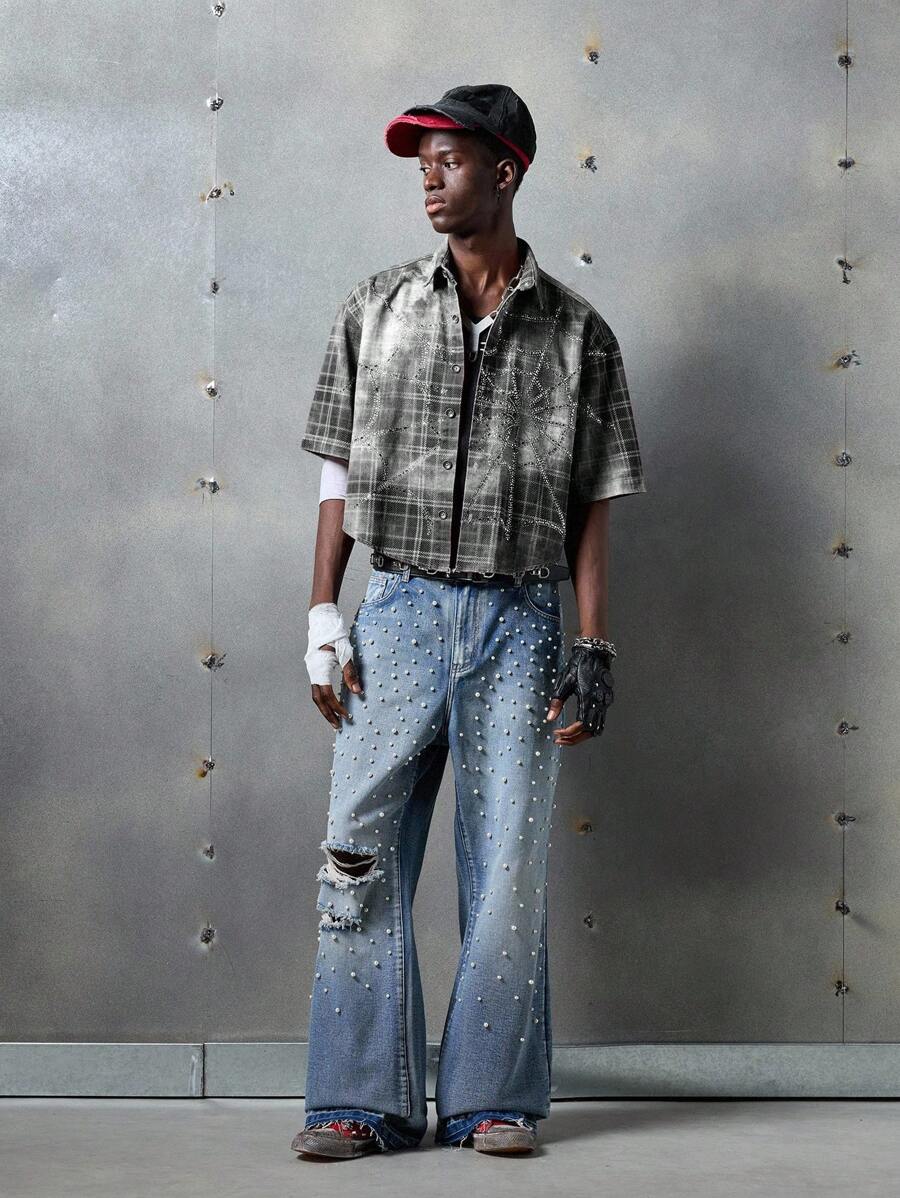 NEON BLANC 男士街头时尚梭织牛仔短袖衬衫 - 黑與白 - 查看 1