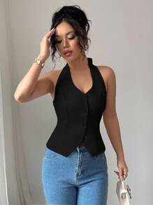 Elenzga Women's Solid Color Casual Buttoned Halter Neck Top - Black - View 6