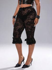 Whyspr Plus Size Women Elastic Waist Bow Lace Trim Hem Sheer Sexy Party Stylish Shorts - Black - View 7