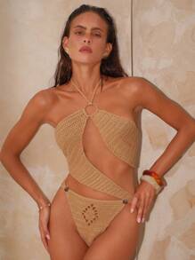 Swim Chiccia Crochet Asymmetrical Openwork Design Halter One-Piece Swimsuit Cover Up For Summer Beach Vacation