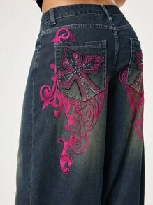 ROMWE Grunge Punk Punk Distressed Cross & Vine Embroidery Washed Loose Straight Leg Extra Long Jeans Pants
