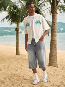 ROMWE MEN The White Lotus Men's Summer Casual Resort Style Lotus Flower Print Lapel Collar Short Sleeve Shirt - Apricot - View 3