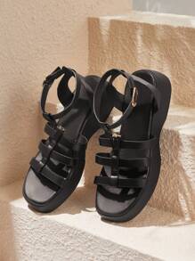 HighSole Women's Spring T-Strap Buckle Sandals, Chunky Platform Wedge Shoes, 2024 Summer New Round Toe Thick Heel Beach Sandals - Black - View 1