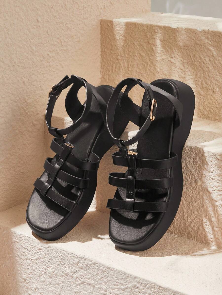 HighSole Women's Spring T-Strap Buckle Sandals, Chunky Platform Wedge Shoes, 2024 Summer New Round Toe Thick Heel Beach Sandals - Black - View 1