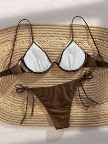 Swim Vcay Set de 2 trajes de baño de una pieza sexy para mujer con anillo de acero negro, gancho con borlas tejidas y cordones laterales - Marrón - Ver 2