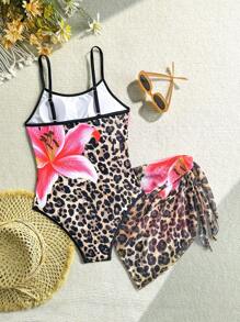 Maiô Infantil Adolescente, Base Preta com Estampa Floral de Oncinha, Alças Ajustáveis Fofas, Saia de Tule Destacável, Maiô de Duas Peças