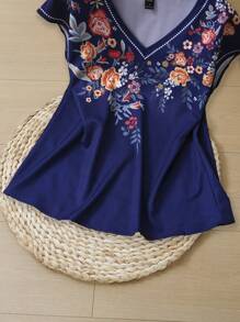 EMERY ROSE Camisa informal de mujer con cuello en V, manga corta y estampado, color azul