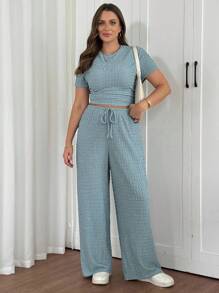Vionelle 2pcs/Set Plus Size Casual Vacation Style Jacquard Knit Short Sleeve Top And Pants - Dusty Blue - View 1