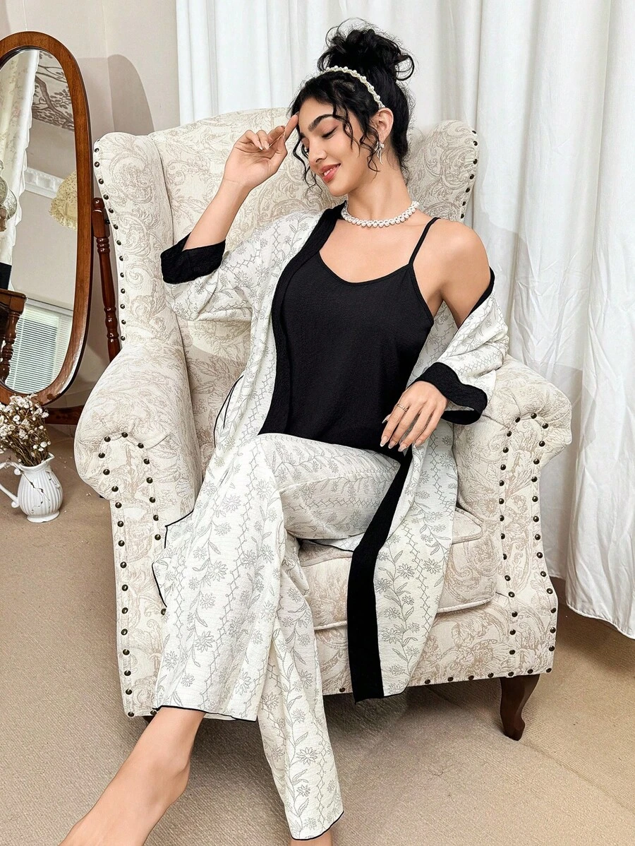 CottageSlumber Black Mixed Floral & Vine Bubble Wrinkle Print Bathrobe Set 3 Pieces PJS Bountiful Floral Splendor, Fall Winter Clothes Cozy And Elegant Details - Multicolor - View 1