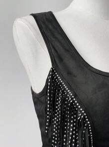 Sunspun Plus Size Festival, Boho, Hippie, Cowgirl, Old Money Style Suede Fringed Sleeveless Square Neck Tank Top Boho