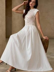 EMERY ROSE Vestido de mujer con mangas cortas, parche de encaje y estilo retro francés - Blanco - Ver 1