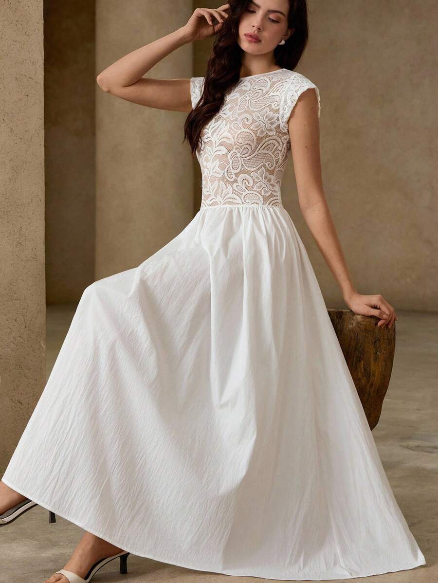 EMERY ROSE Vestido de mujer con mangas cortas, parche de encaje y estilo retro francés - Blanco - Ver 1