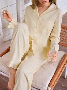 SHEIN Women's Plaid Button Front Long Sleeve Yellow Gingham Top & Pants Pajama Set, Sleepwear Pj Set, Fall Clothes  Cozy And Elegant Details