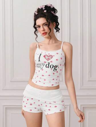 Kawaii Set de 2 piezas de top de tirantes con estampado de letras y corazones y shorts para mujer de verano