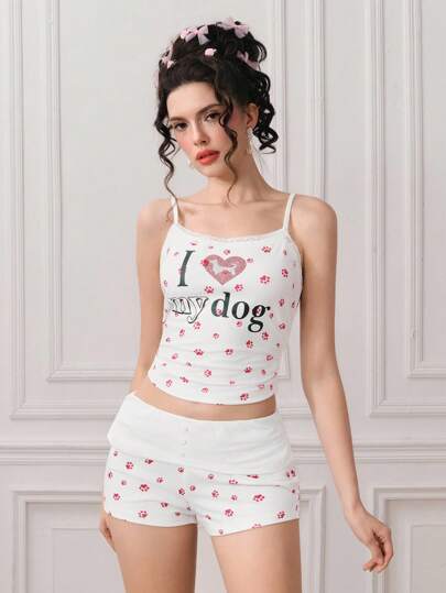 Kawaii Set de 2 piezas de top de tirantes con estampado de letras y corazones y shorts para mujer de verano