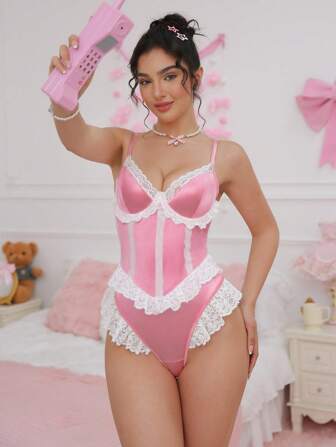 PetitDoll Combinaison sexy, sucrée et mignonne pour femmes avec cercle en acier, satin, dentelle, ourlet volant, design multicouche, rose